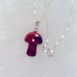 Psychedelic hippie Boho natural Red Jasper Mushroom Sterling Silver Neckl…